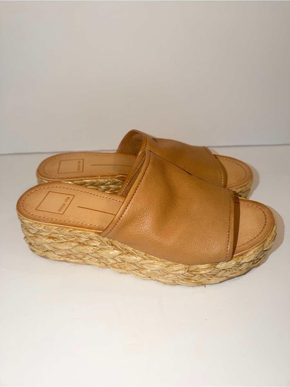 dolce Vita Tan Leather Raffia Espadrille Platform Slide Sandals, Sz 8.5